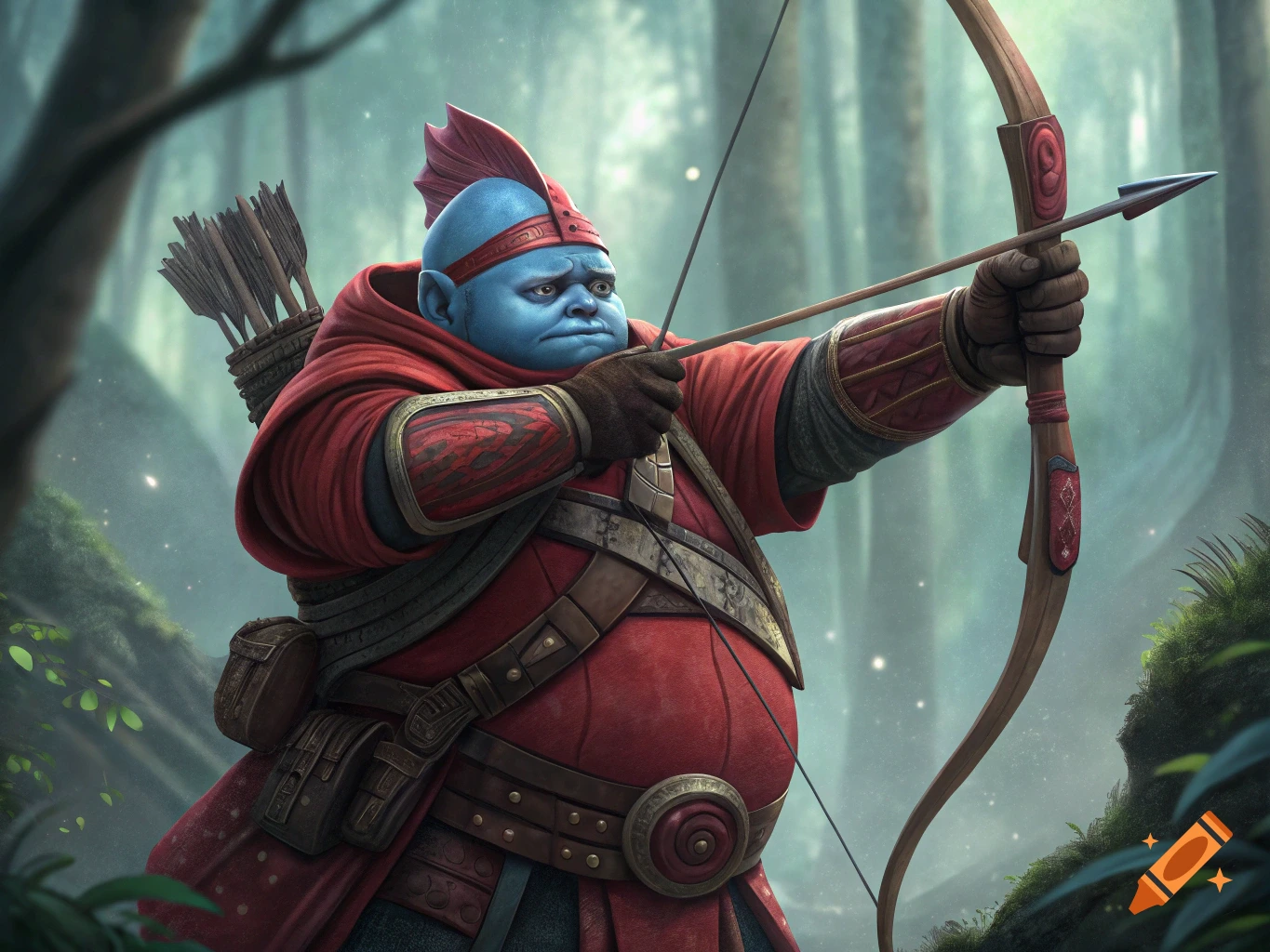 A stout, blue-skinned fantasy character in a red robe draws a bow and arrow in a lush forest.