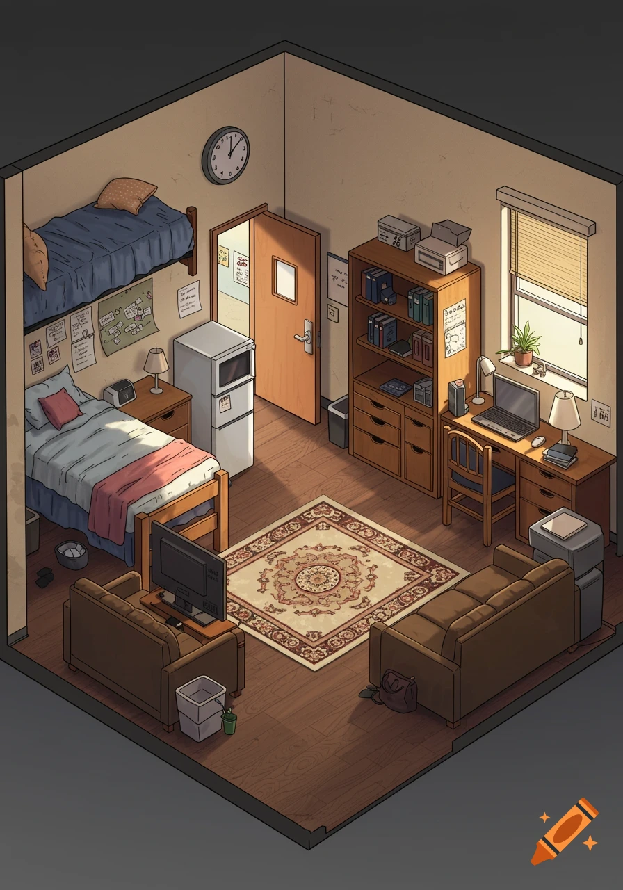 An isometric illustration of a cluttered college dorm room with two beds, two desks, a mini-fridge, and a sofa.