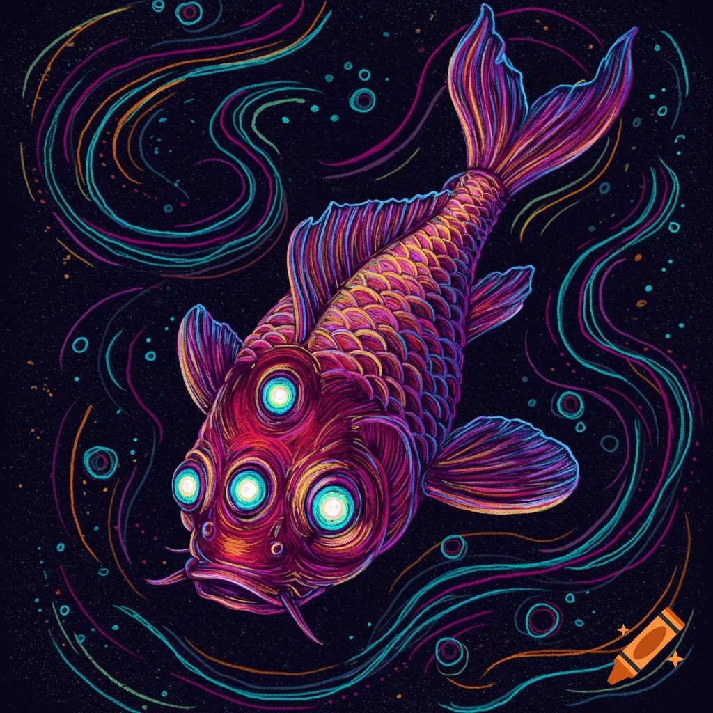 A surreal, neon-colored koi fish with three glowing eyes swims in mystical water, depicted in an embroidered style.