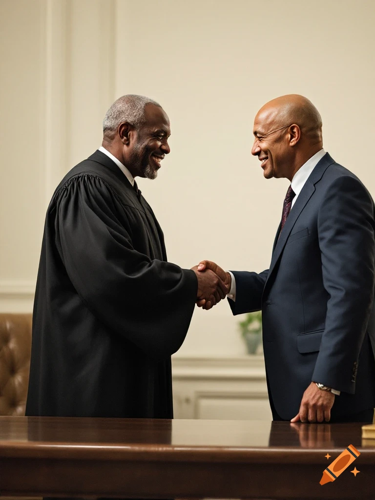 Photorealistic image of a judge and a man in a suit shaking hands across a wooden desk in a professional setting.