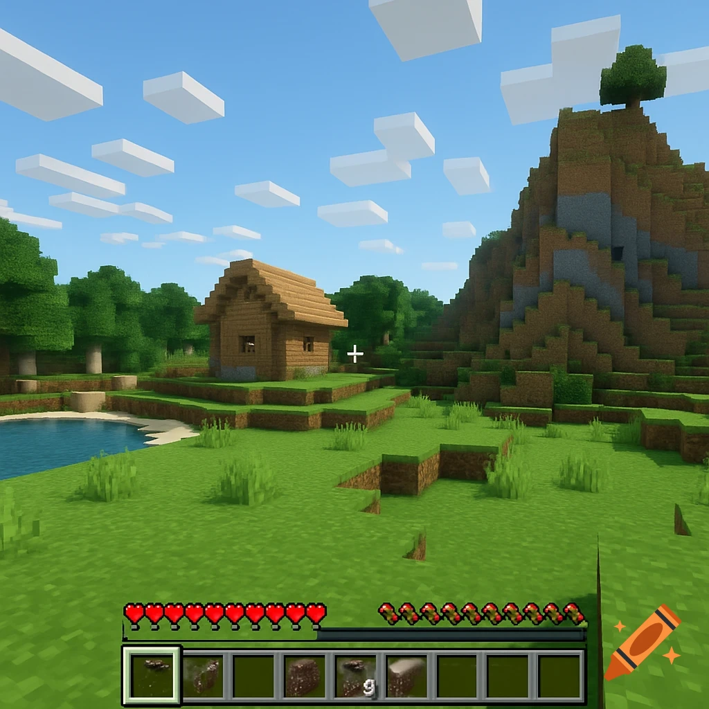 Blocky landscape with a wooden house, pond, and hill, featuring a game UI with health bar and inventory slots.