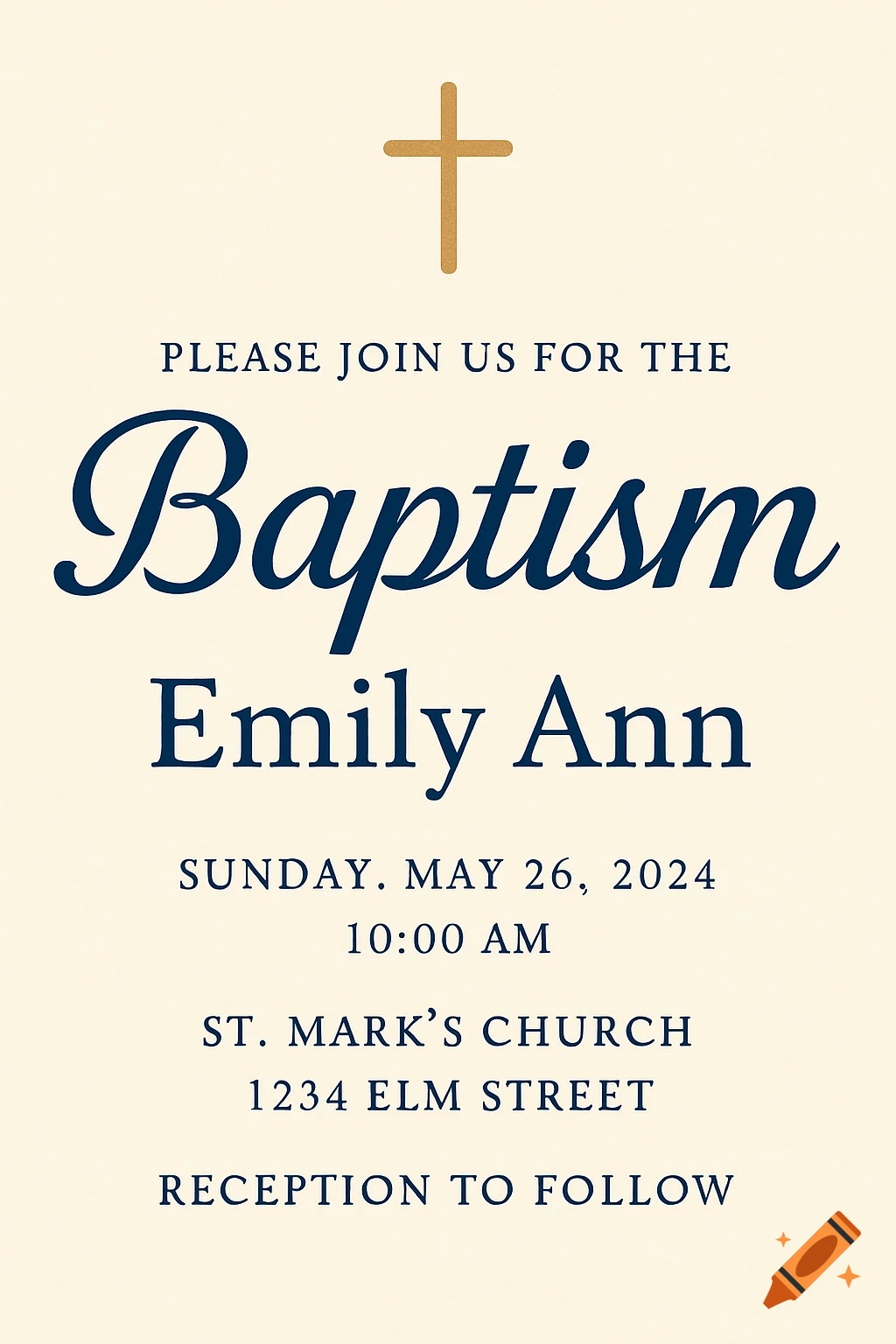 Digital baptism invitation with a golden cross and event details in blue text.