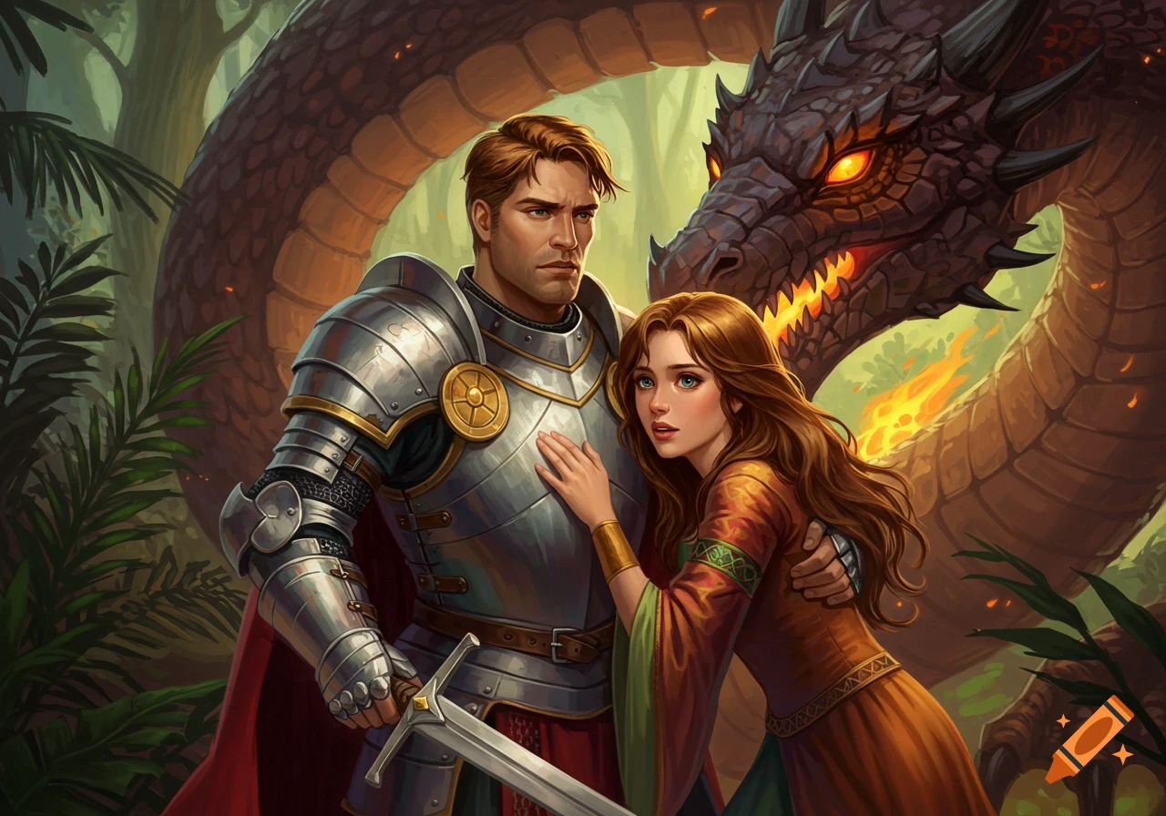 A knight in shining armor protects a princess from a fierce, fire-breathing dragon in a lush forest.