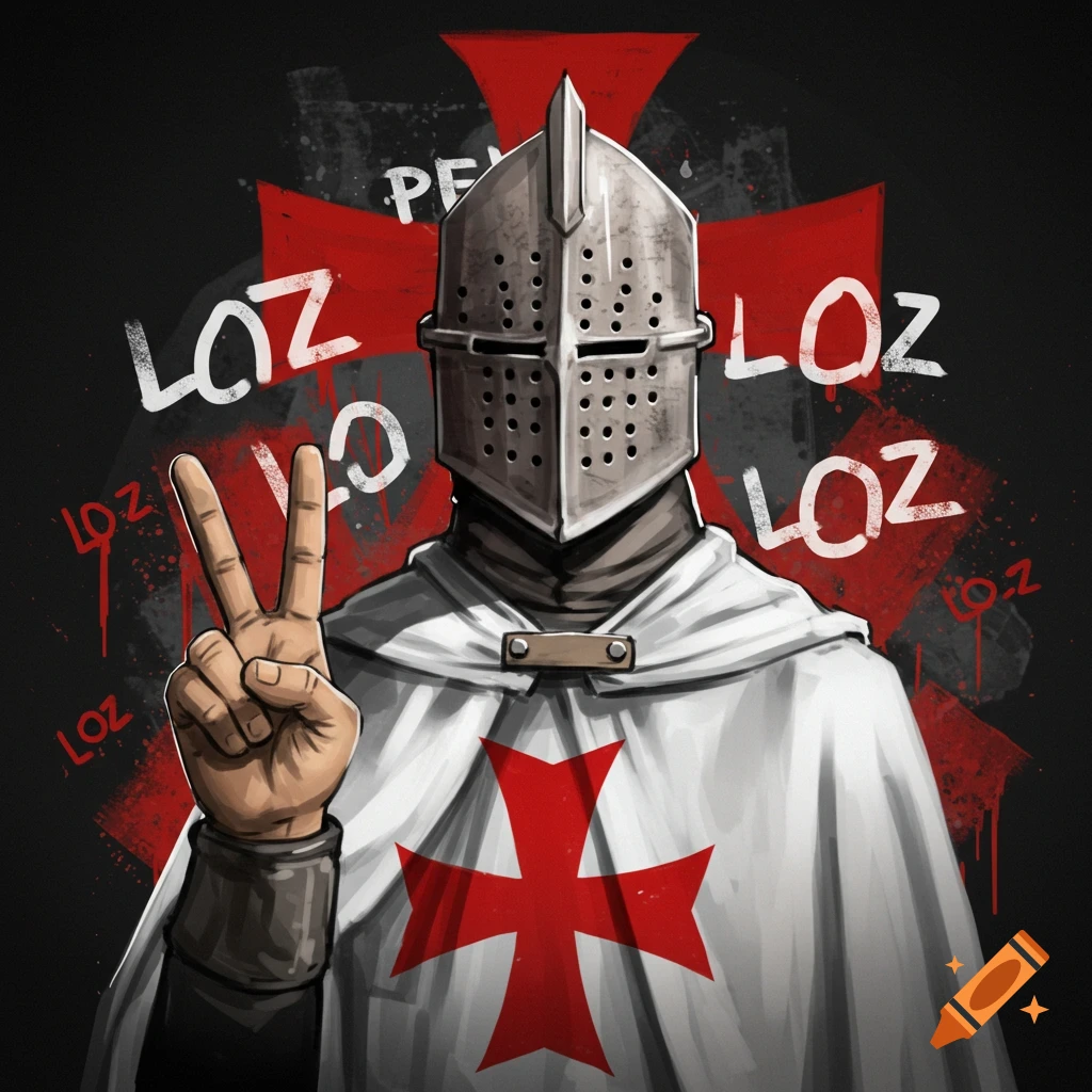 A Templar knight in armor and white cloak holds up a peace sign, against a dark background with a large red cross and red and white graffiti text.