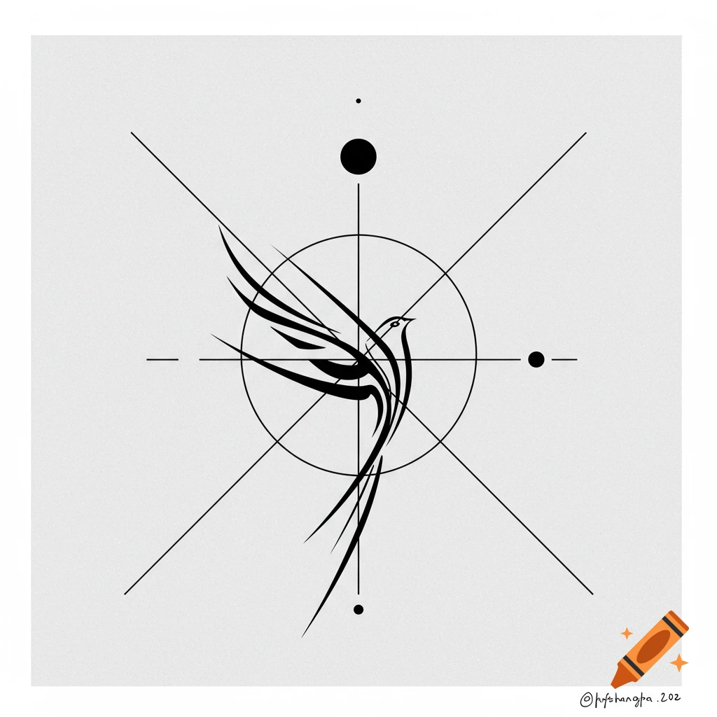 A minimalist black and white line art symbol of a bird with outstretched wings within a circle and intersecting lines.