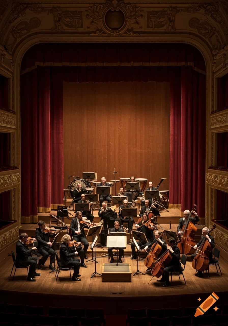 An orchestra performs on a stage within a grand, ornate theater, illuminated by warm spotlights.