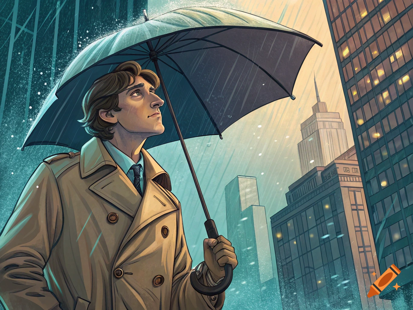 An illustrated man in a trench coat holds an umbrella, looking up at the rain in a city with tall buildings.