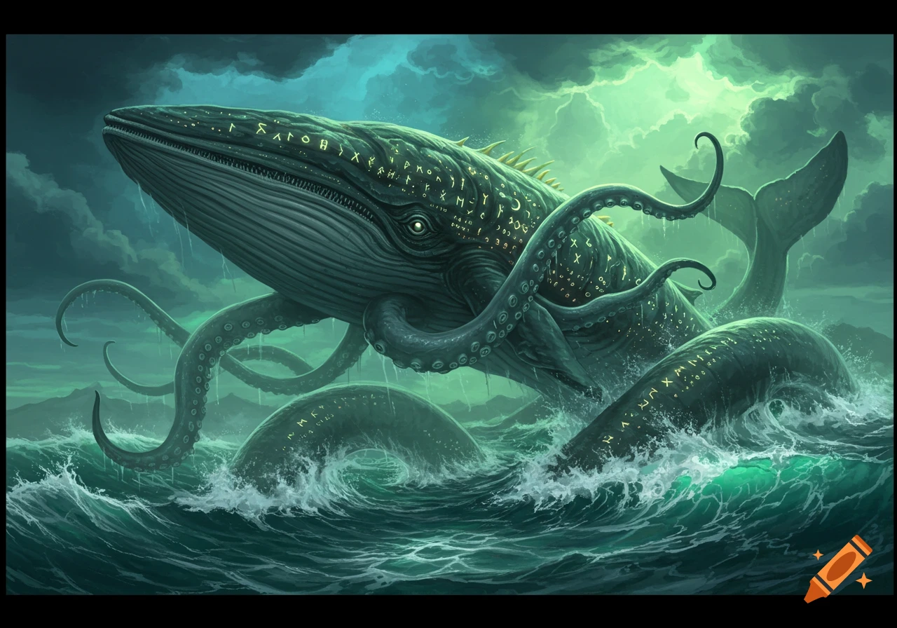 A monstrous, eldritch whale with glowing runes and tentacles emerges from stormy, green-lit ocean waves.
