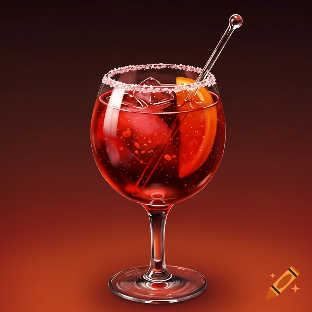 Red cocktail in a stemmed glass with a sugared rim, ice, orange slice, and clear stirrer against a dark red background.