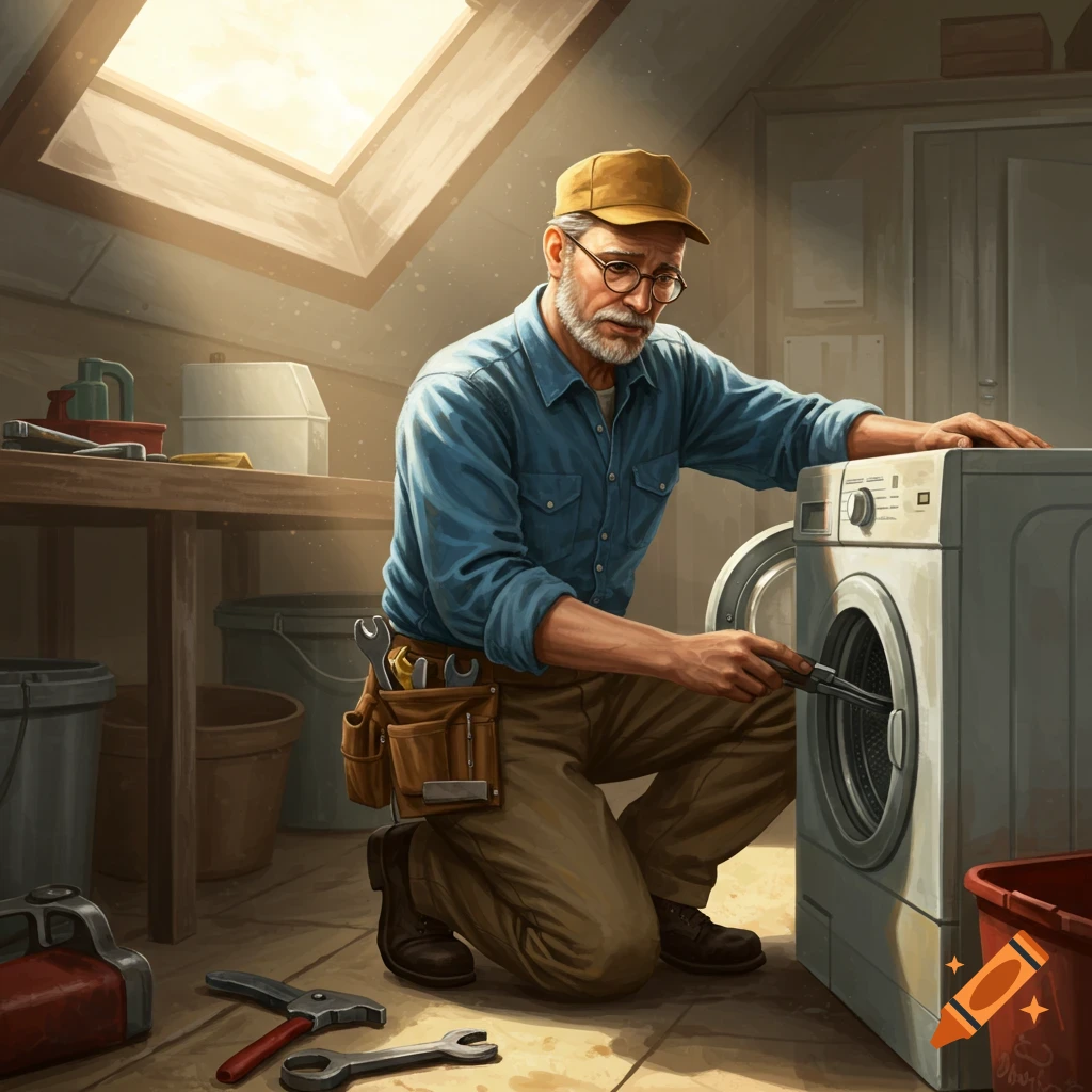 An elderly man, a repairman, kneels to fix a washing machine in a sunlit attic workshop, surrounded by tools.