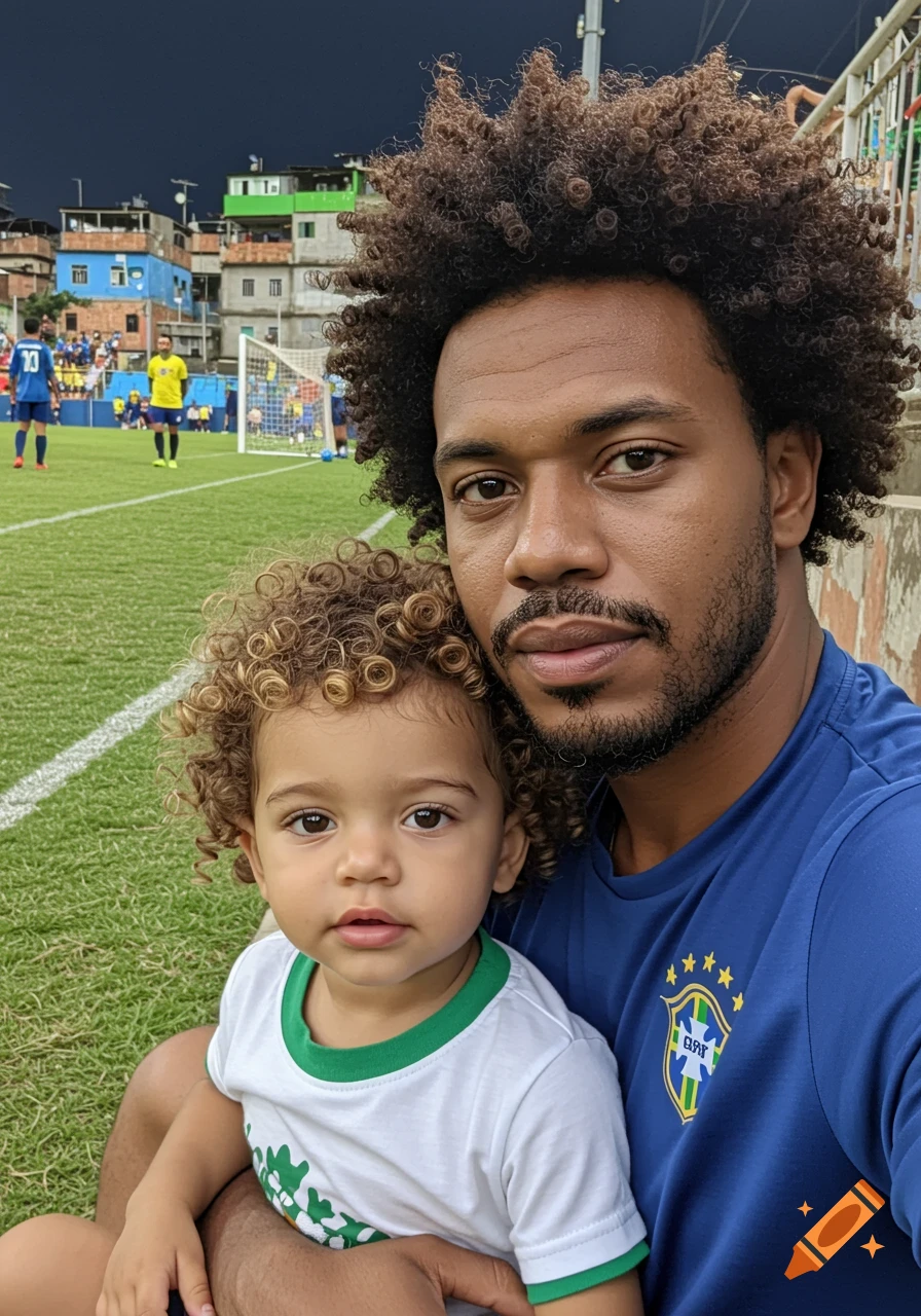 Afro-Brazilian man and a child taking a selfie at a soccer stadium with favela buildings in the background.