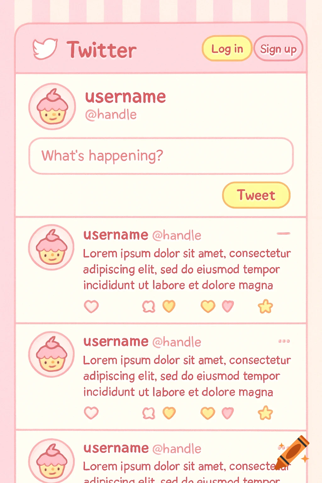 A kawaii pastel pink and yellow Twitter feed mock-up with cupcake profile pictures and placeholder text.