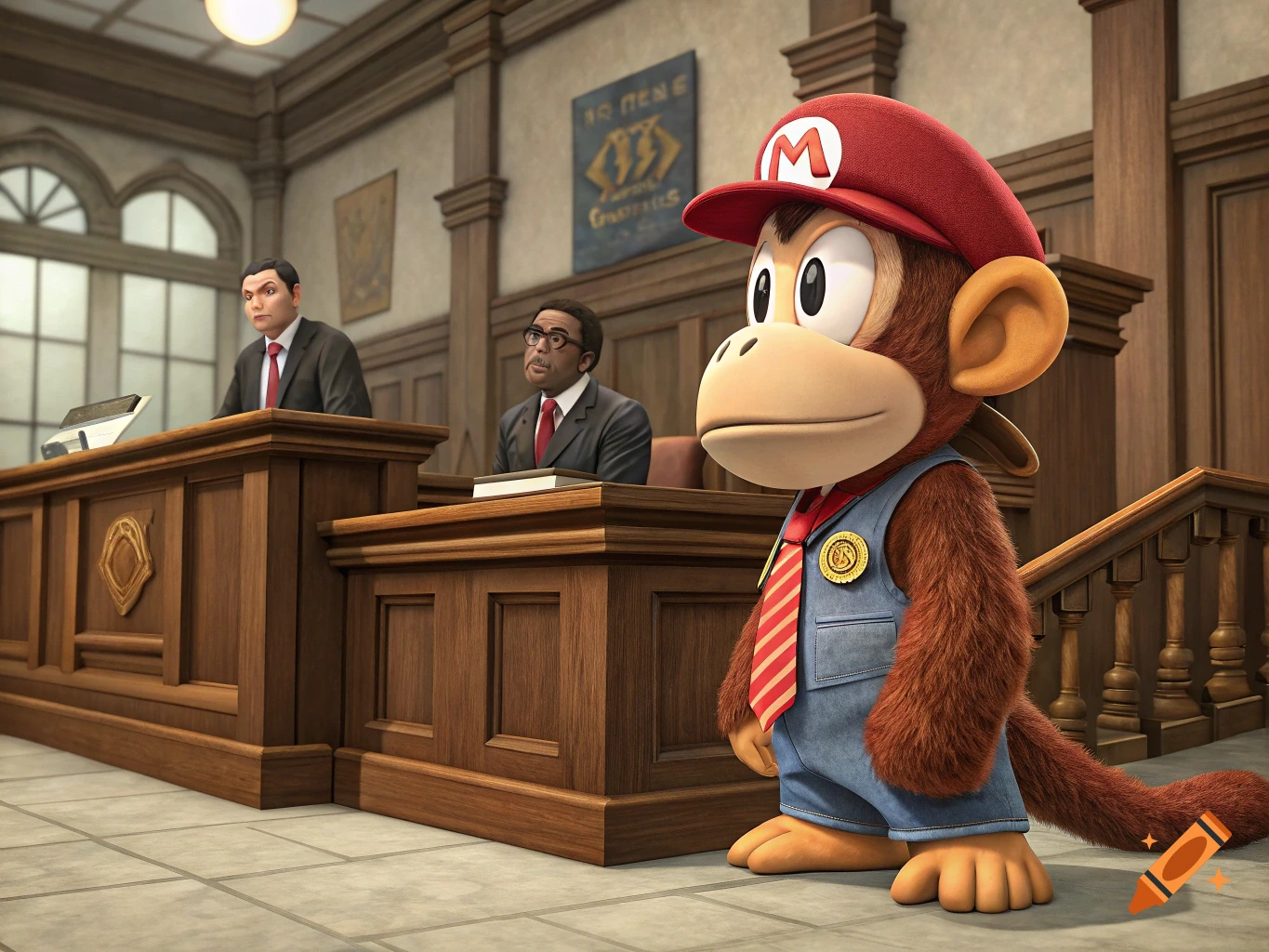 A cartoon monkey in a red hat and denim overalls stands in a detailed courtroom, with two men in suits behind wooden desks.