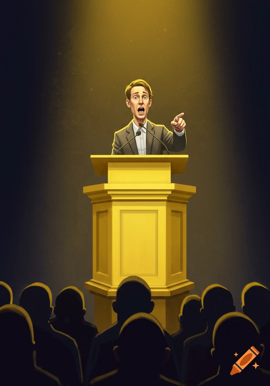 An illustrated man in a suit speaks from a golden podium, pointing to a silhouetted audience under a spotlight.