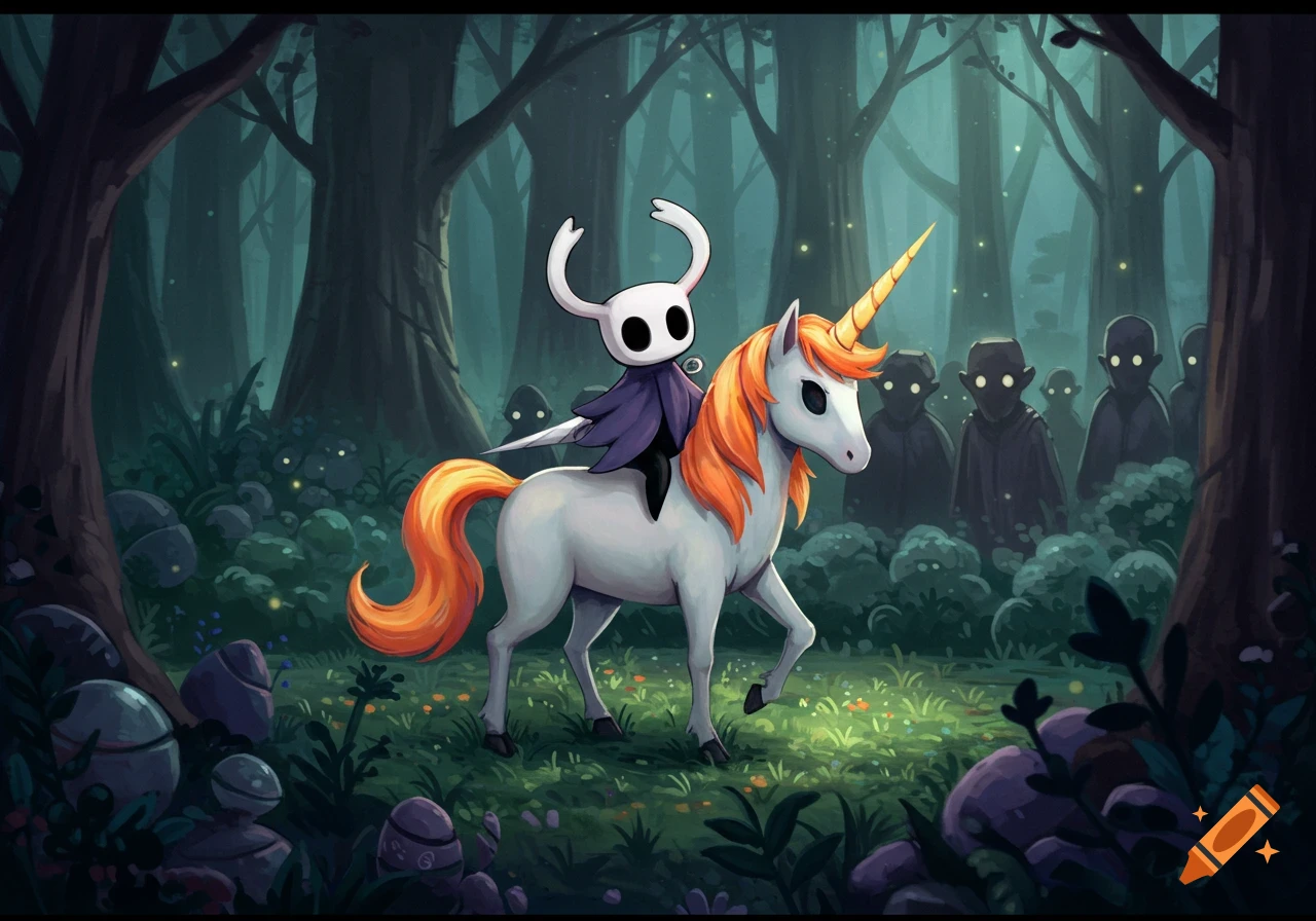 Hollow Knight rides a white unicorn with an orange mane and tail through a dark, magical forest with shadowy figures in the background.