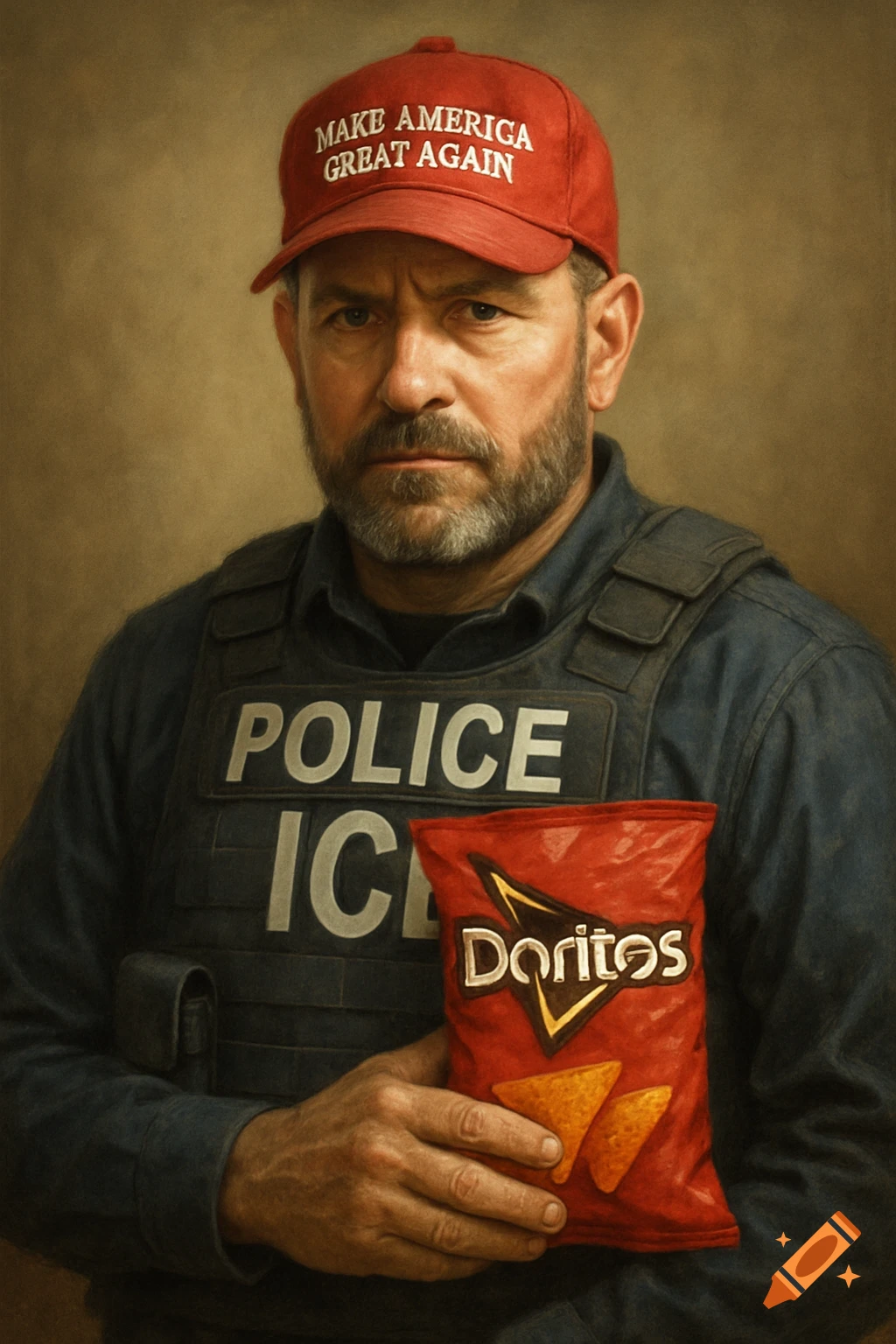 A stern man in a red MAGA hat and police vest holds a bag of Doritos in a photorealistic painting.