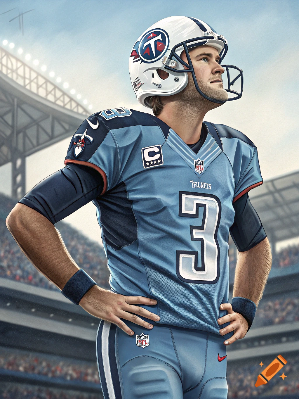 A man in a Tennessee Titans football uniform and helmet stands in a stadium, looking up and to the right. He has his hands on his hips.