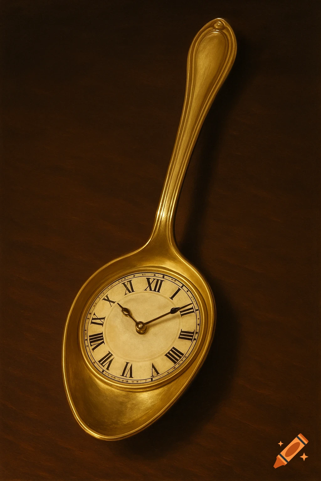 A photorealistic image of a golden spoon with a Roman numeral clock face embedded in its bowl, resting on a dark wooden surface.