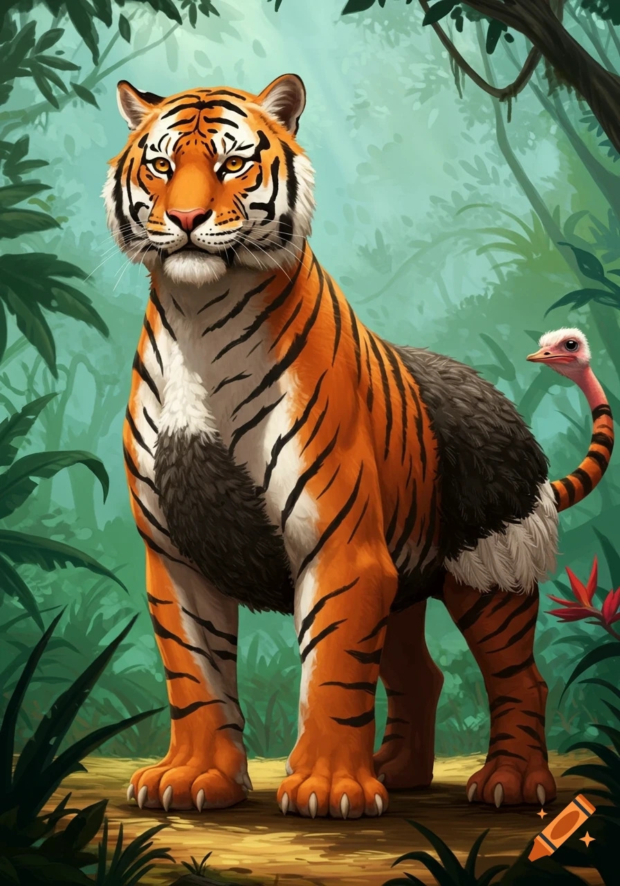 A colorful tiger and ostrich hybrid stands in a lush green jungle, with the ostrich head forming the tail.