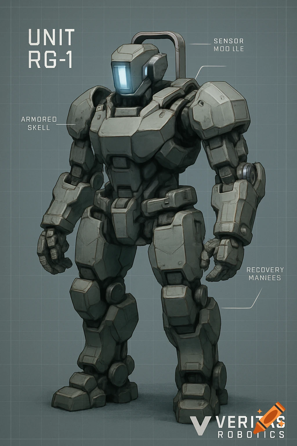 A gray armored humanoid utility robot with a glowing blue visor stands on a grid background with technical labels.
