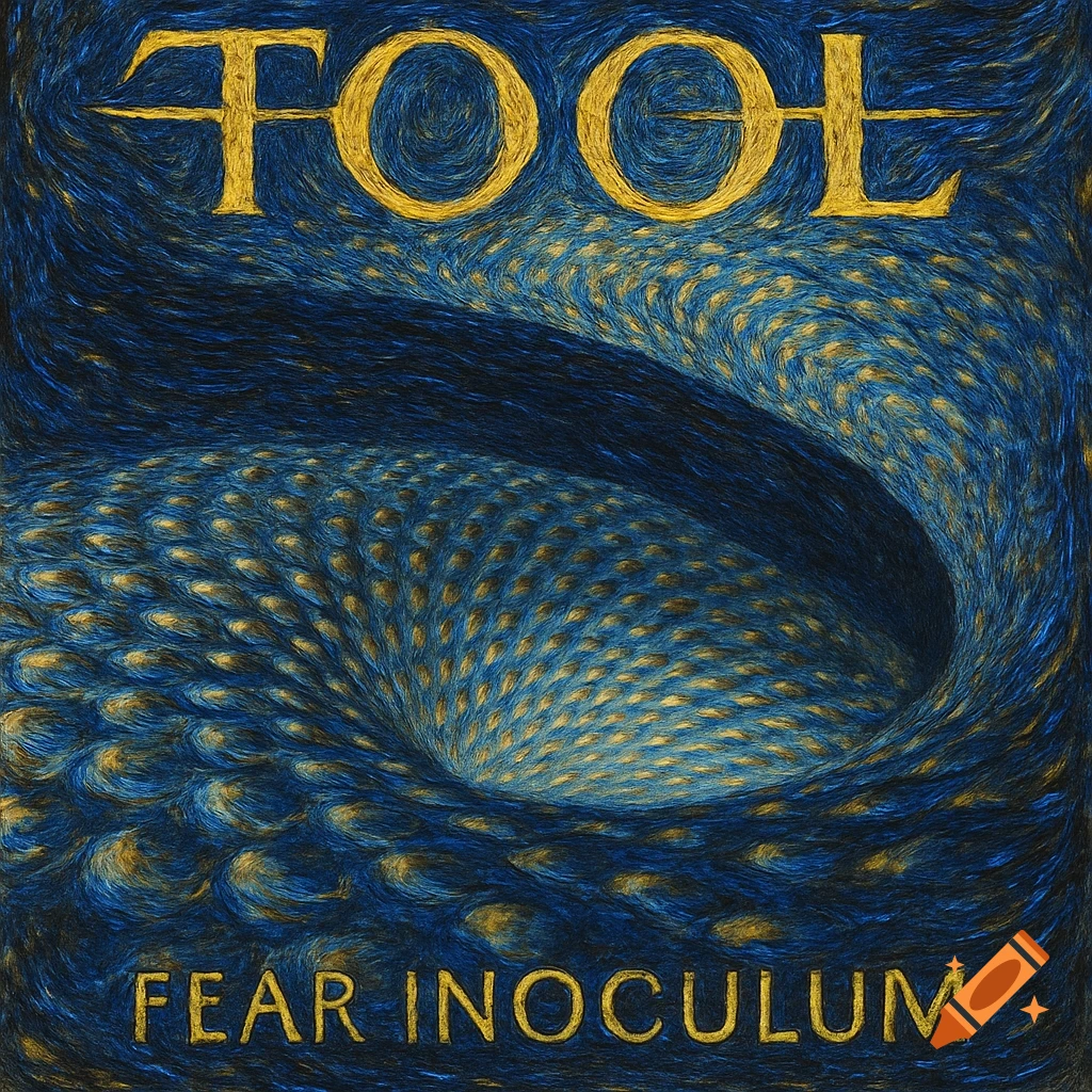 Dark blue and gold abstract painting in the style of Van Gogh with swirling patterns, featuring the text 'TOOL' and 'FEAR INOCULUM'.