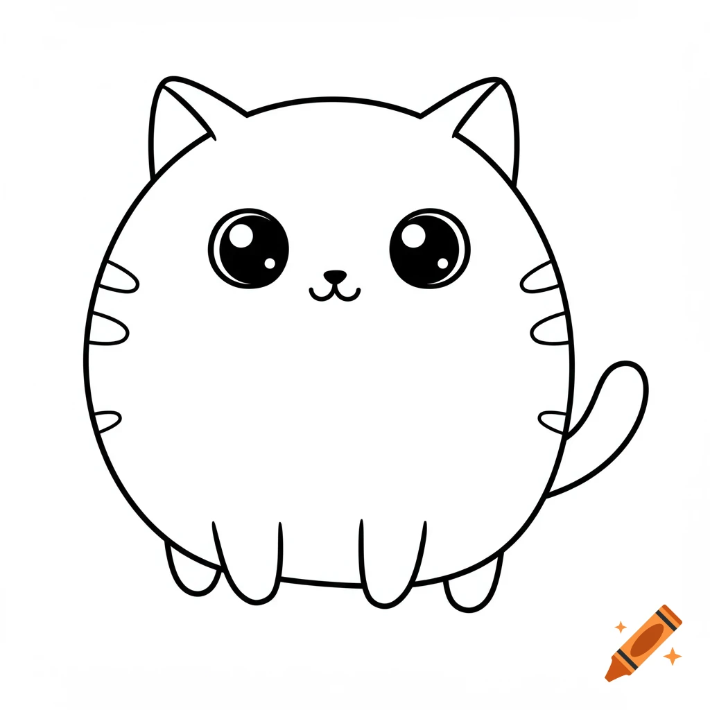 A cute black and white simple line art drawing of a round kawaii cat.