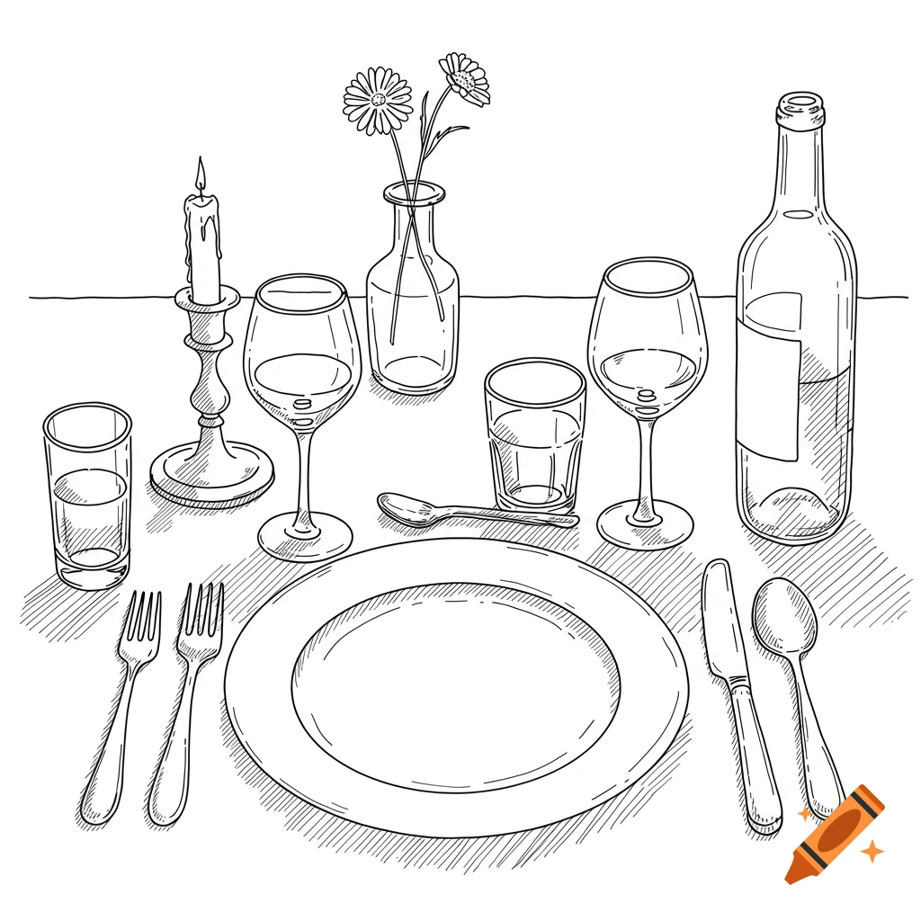 A black and white sketchy line drawing of a formal table setting with a plate, cutlery, glasses, a wine bottle, a candle, and flowers.