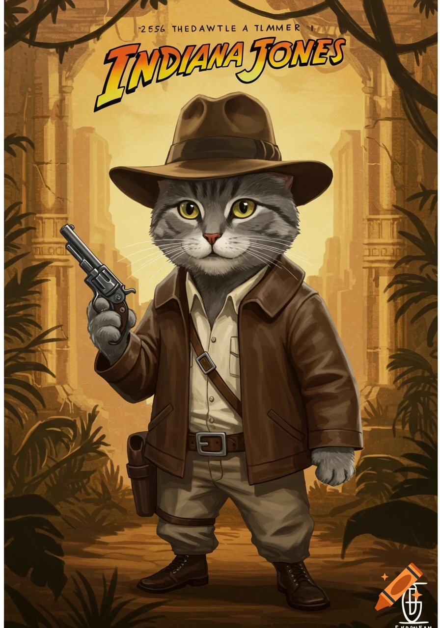 An illustration of a gray tabby cat dressed as Indiana Jones, wearing a fedora and brown leather jacket, holding a revolver. It stands in front of ancient ruins in a jungle.