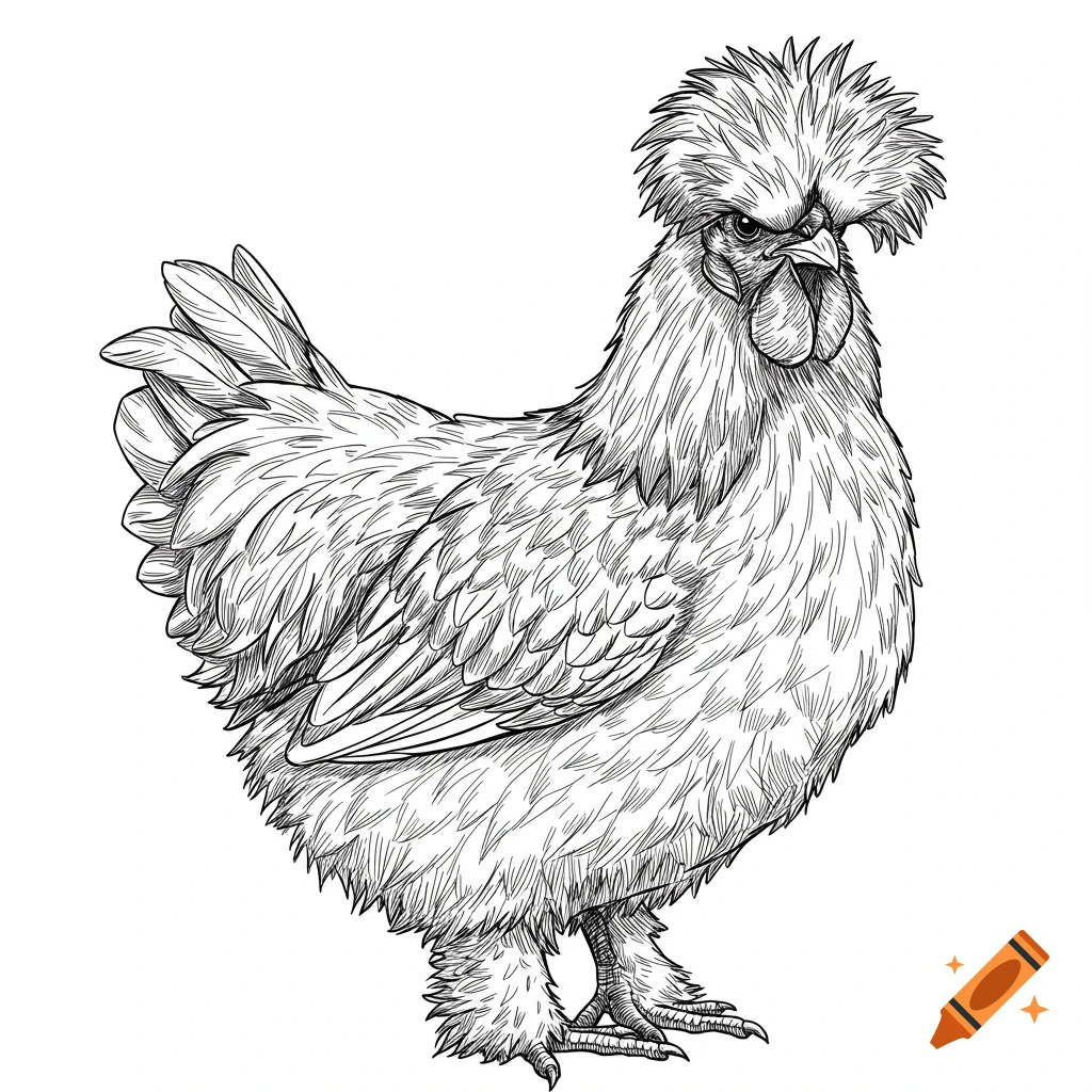 A detailed black and white line art illustration of a fluffy Silkie chicken with a prominent crest.