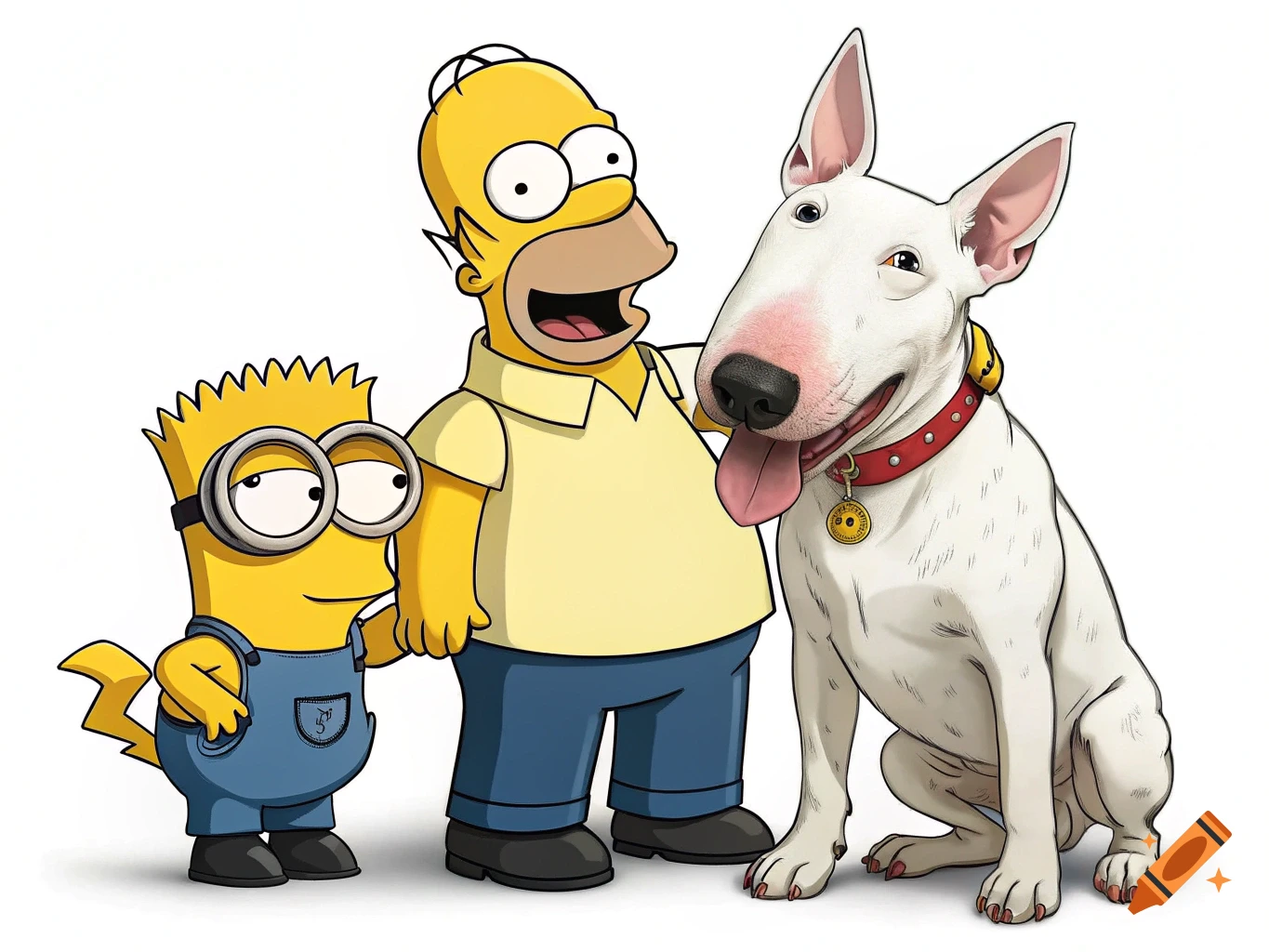 Homer Simpson, a Bart Simpson-Minion hybrid, and a white bull terrier dog pose together against a white background.