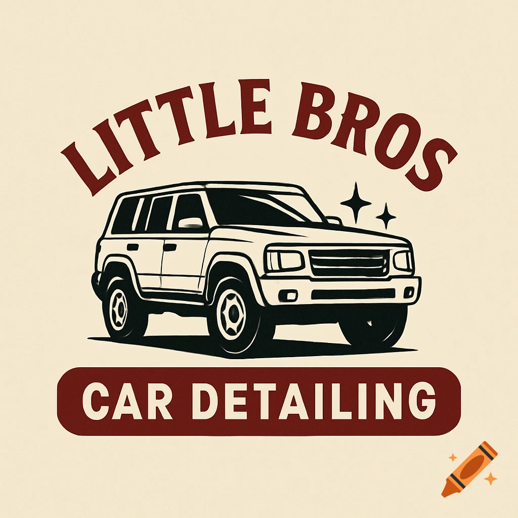 Logo for Little Bros Car Detailing, featuring a white SUV illustration with text on a cream background.