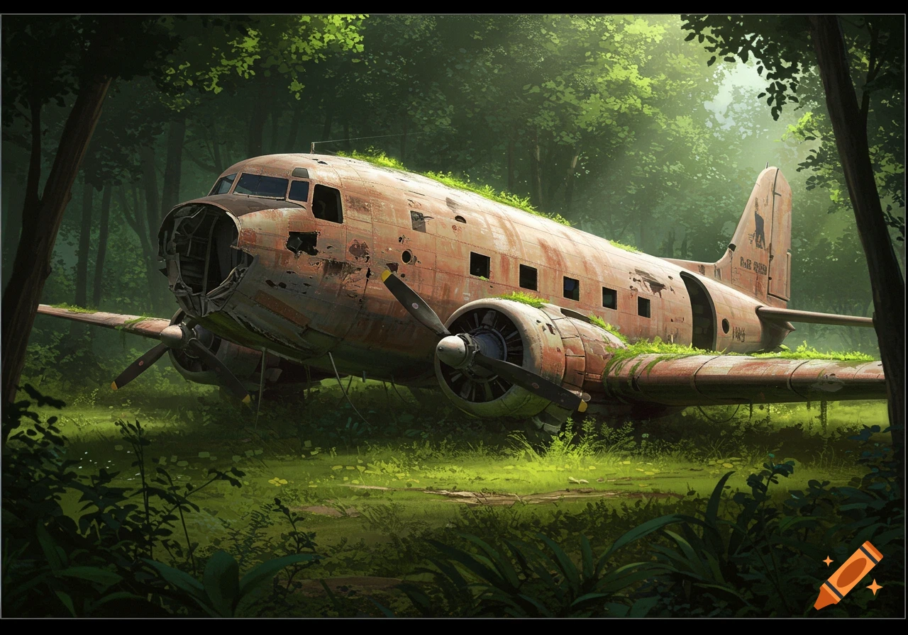 A heavily rusted, moss-covered airplane sits abandoned in a dense, vibrant green forest.