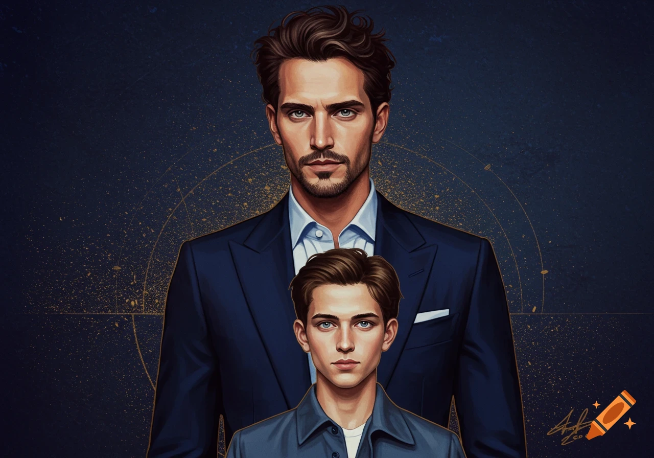 Stylized illustration of a taller man in a blue suit standing behind a shorter, younger man in a casual shirt on a dark blue and gold background.