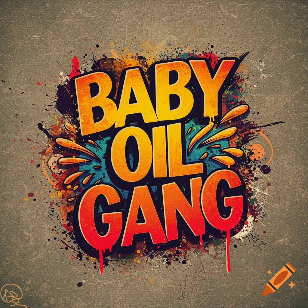 Colorful, stylized graffiti text reading 'BABY OIL GANG' with paint splatters on a distressed background.