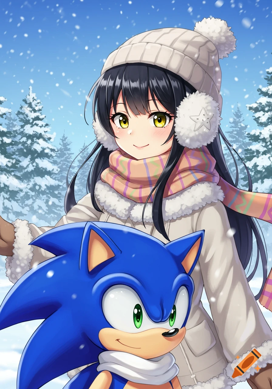 Anime girl with black hair and yellow eyes, wearing winter clothes, standing next to Sonic the Hedgehog in a snowy forest.