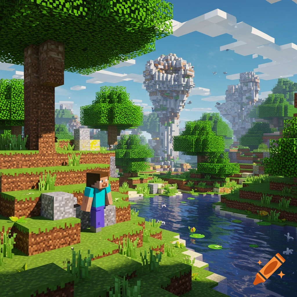 A realistic Minecraft landscape with Steve standing by a winding river, surrounded by trees and blocky mountains under a clear sky.