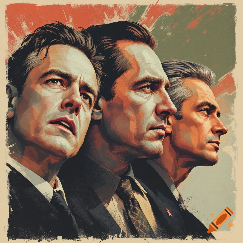 Three men in suits, stylized in profile like a vintage propaganda poster, against a distressed red and green background.