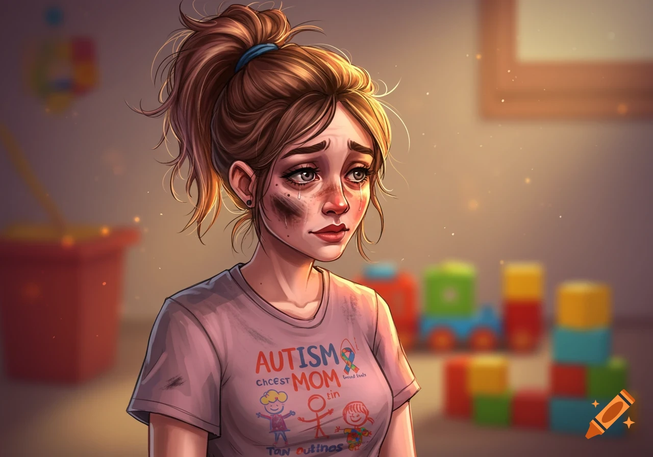 An illustrated woman with a messy ponytail and smudged face wears a pink shirt that says 'AUTISM MOM', looking sad amidst blurry toys.