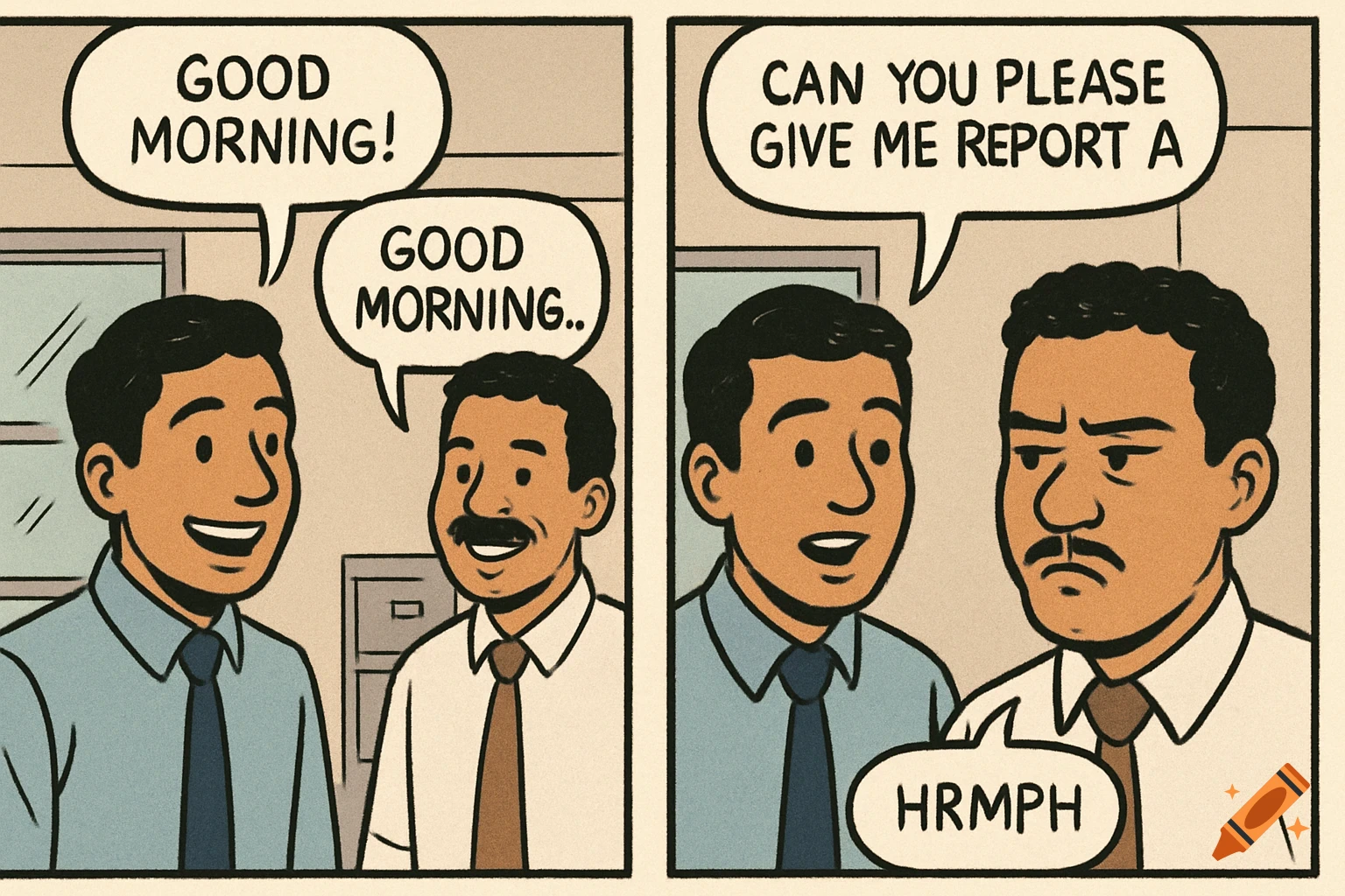 A two-panel comic strip in a cartoon style shows two male coworkers in an office. One speaks happily, the other grumbles.