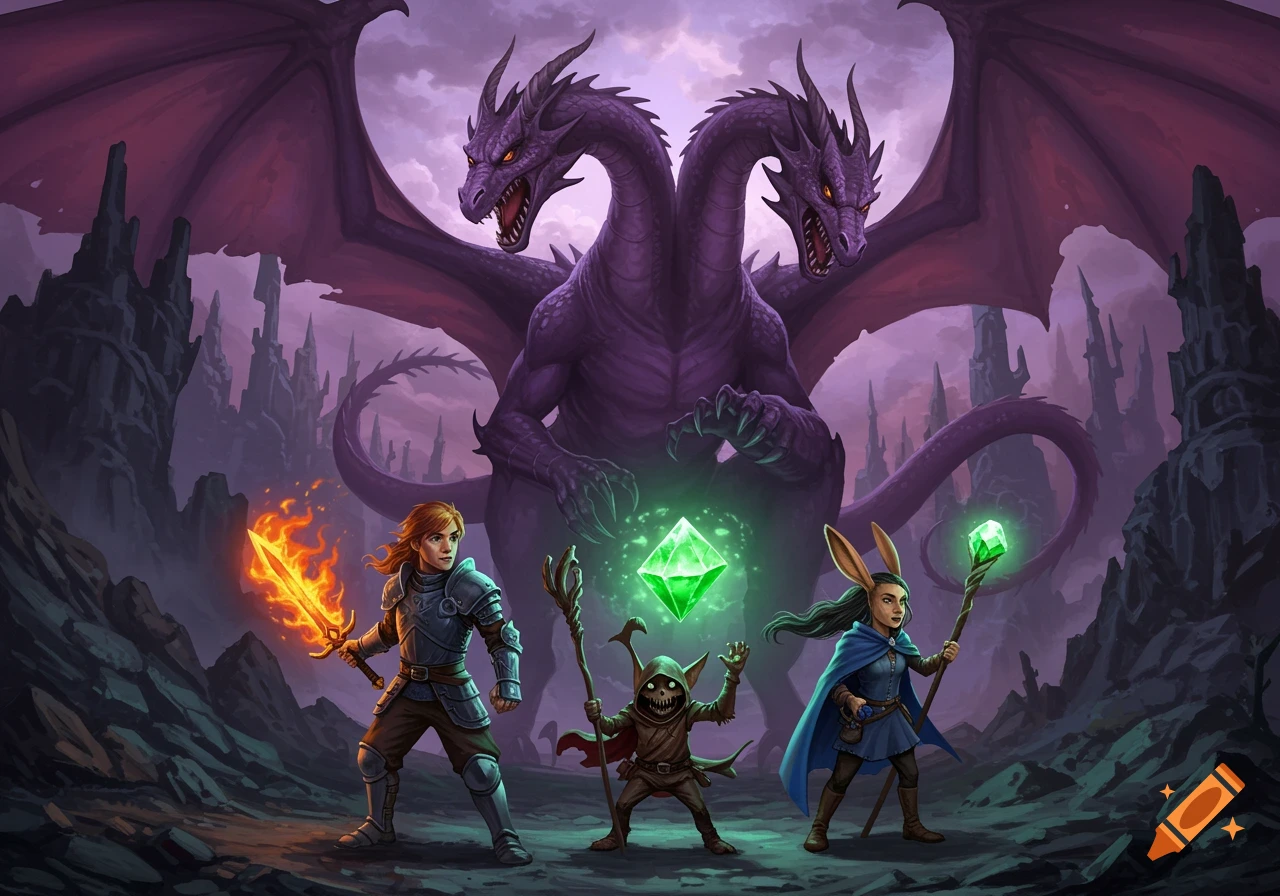 A two-headed purple dragon looms over three adventurers, a knight, a small goblin, and a bunny-eared magic-user, in a dark fantasy landscape.