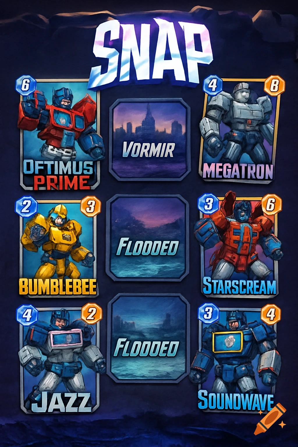 A grid of game cards featuring Transformers characters like Optimus Prime and Megatron in a Marvel Snap style layout.