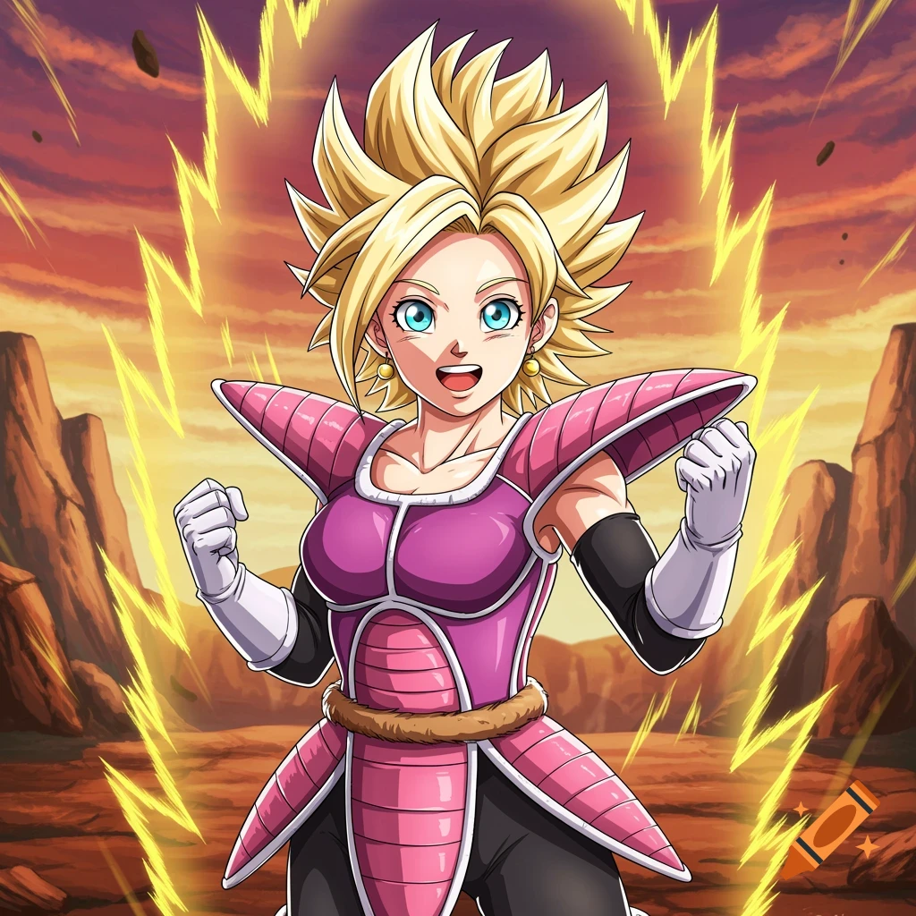 An anime-style drawing of a blonde woman with spiky hair and blue eyes, wearing pink Saiyan armor, standing powerfully in a desert.