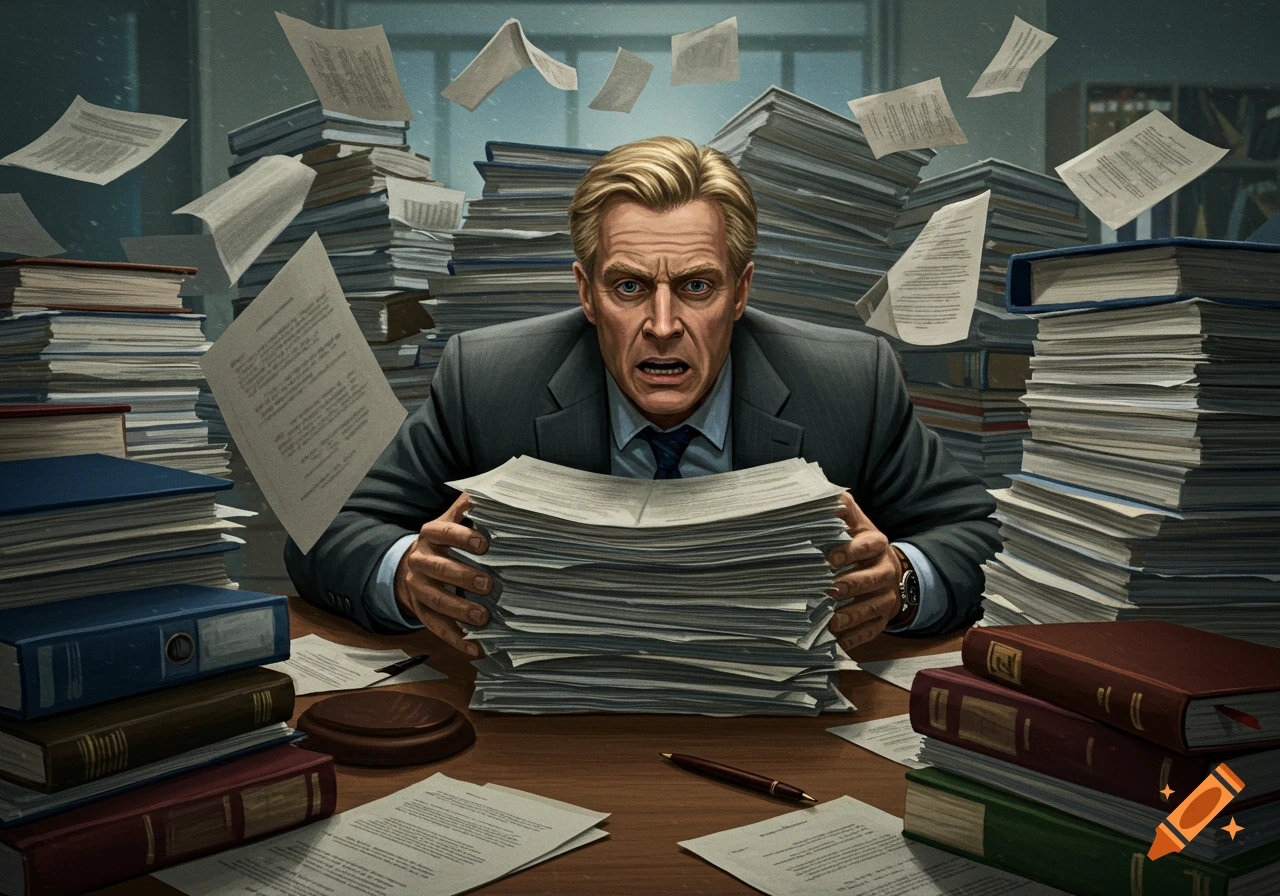A stressed male lawyer with blonde hair overwhelmed by stacks of paperwork on his desk.