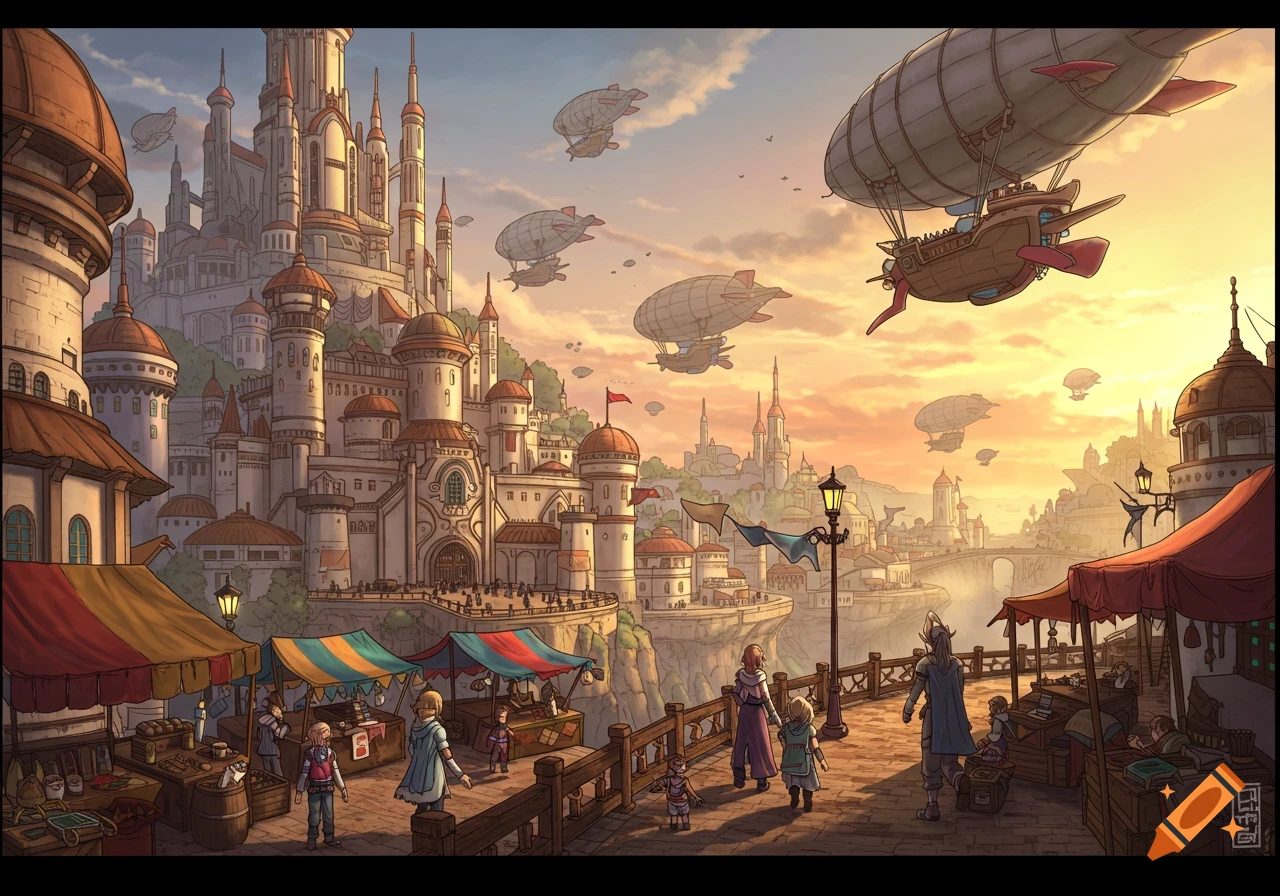 Illustrated fantasy city with grand architecture and airships flying over a bustling marketplace at sunset.