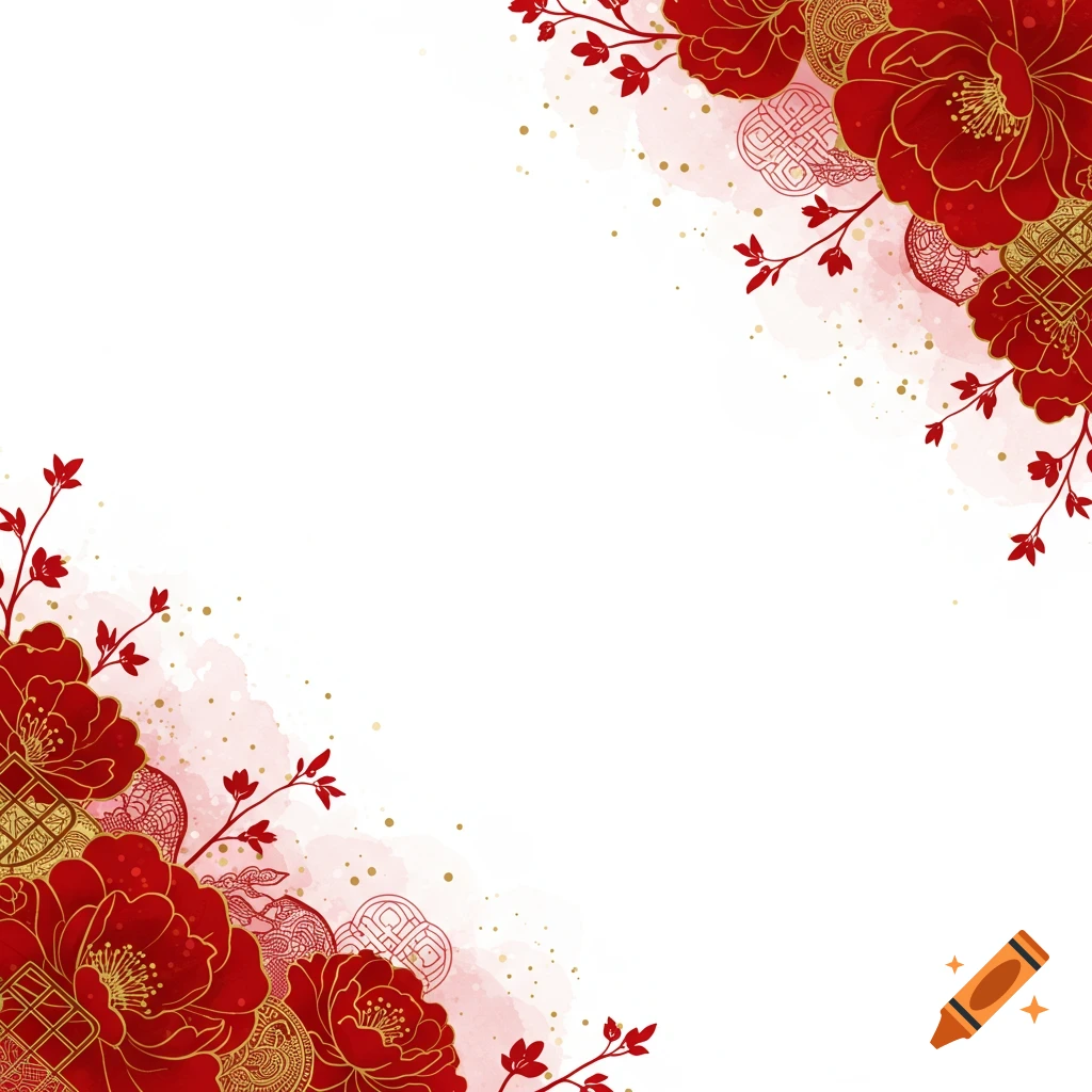 A white background framed in the top right and bottom left corners by red flowers with golden outlines, golden scattered dots, and faint pink watercolor splashes.