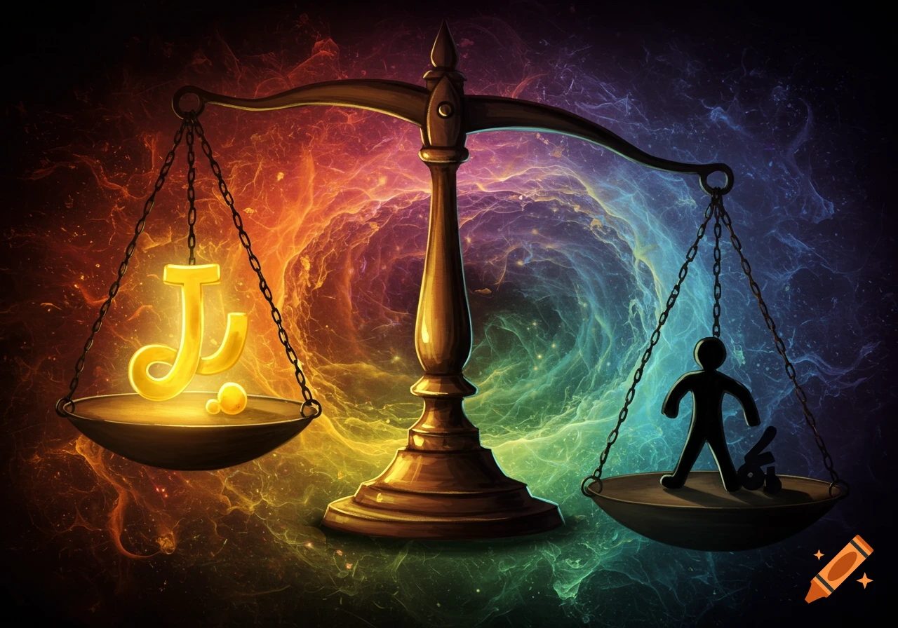 A balance scale weighs a glowing gold Pakistani Rupee symbol against a dark human silhouette, set against a colorful cosmic nebula.