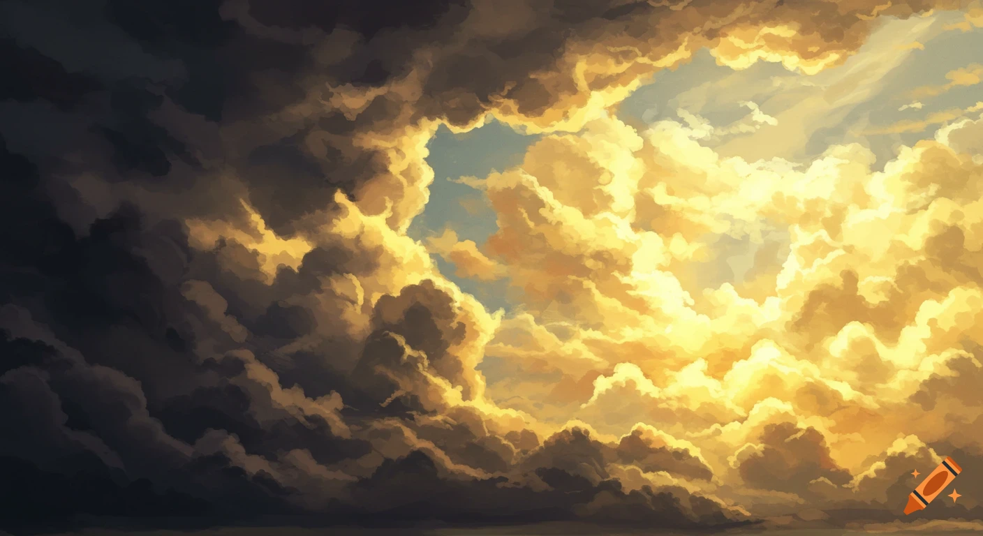 A dramatic painting of a sky with dark clouds on the left and bright, golden clouds on the right.