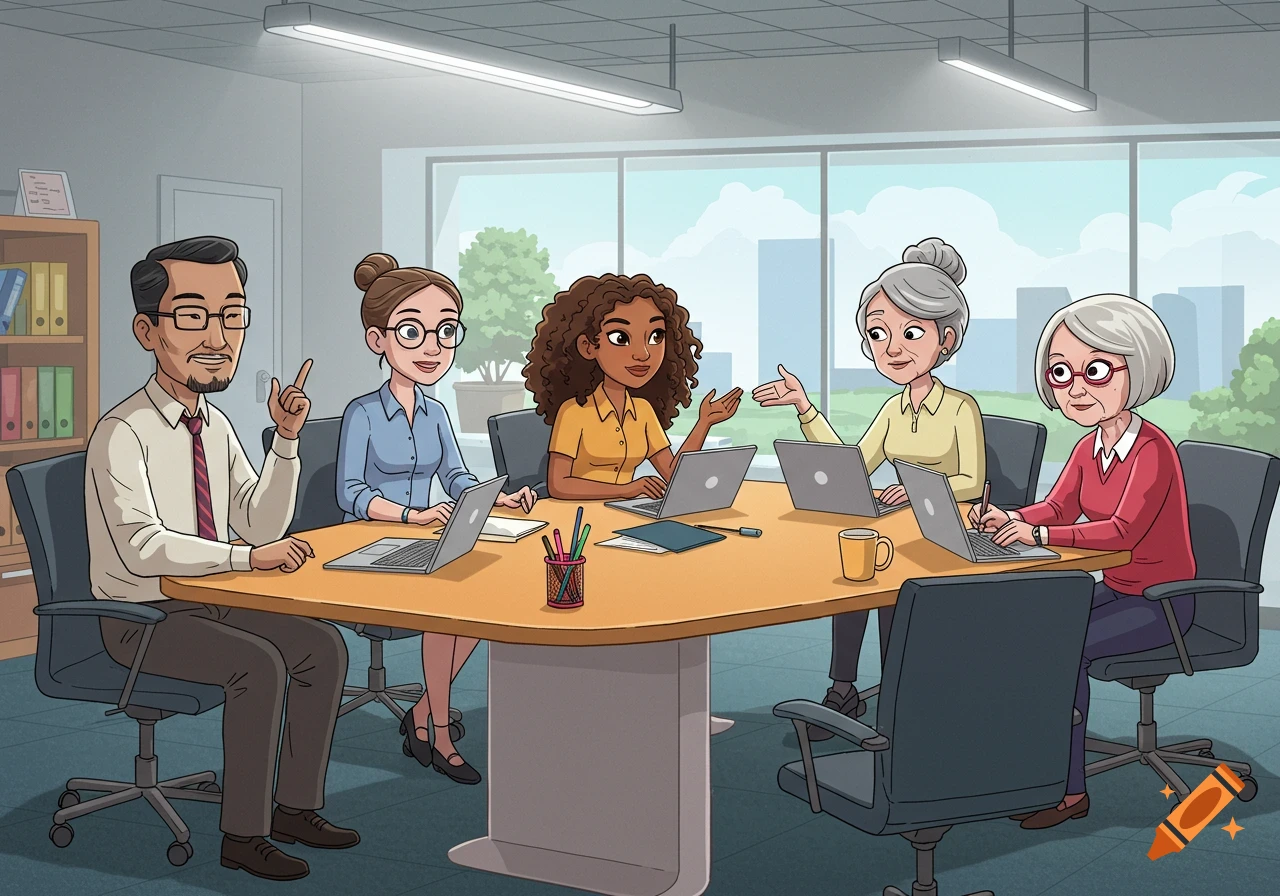 A diverse group of cartoon office workers, including men and women, gather around a table in a bright office for a meeting, some using laptops.