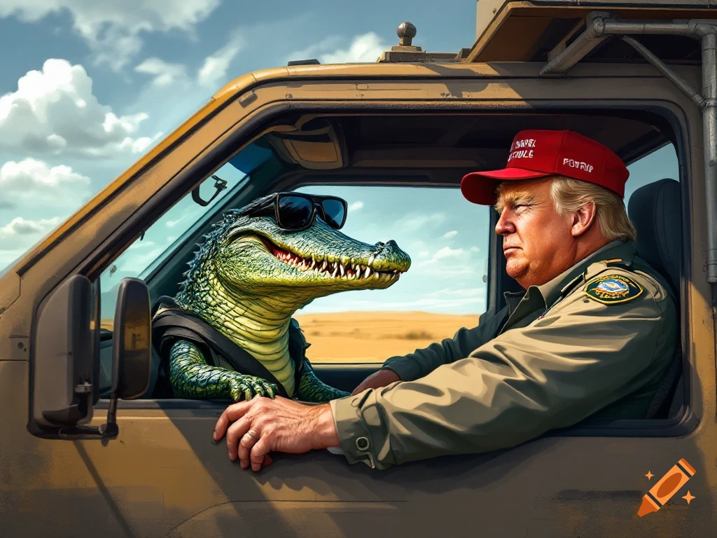 Photorealistic image of a cool alligator in sunglasses driving a border patrol truck with Donald Trump as a passenger.