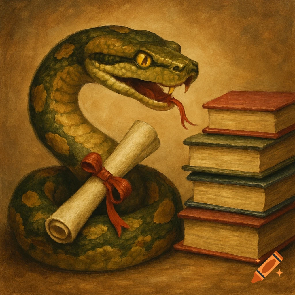 A painted python coiled around a diploma, gazing at a stack of books. Rendered in dark, earthy tones.
